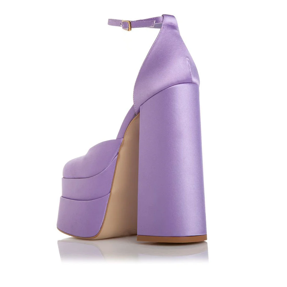 YDN Simple Satin Square Toe Ankle Strap Platform Heels in Purple