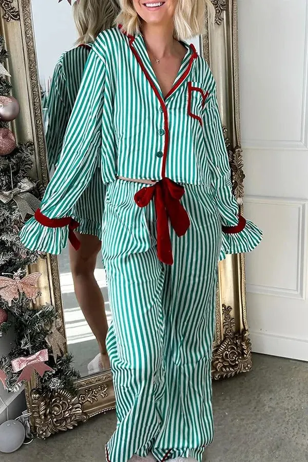 Striped Printed Color-blocked Trim Long-sleeved Loose Top and Elastic Waist Belt Wide-leg Pants Set