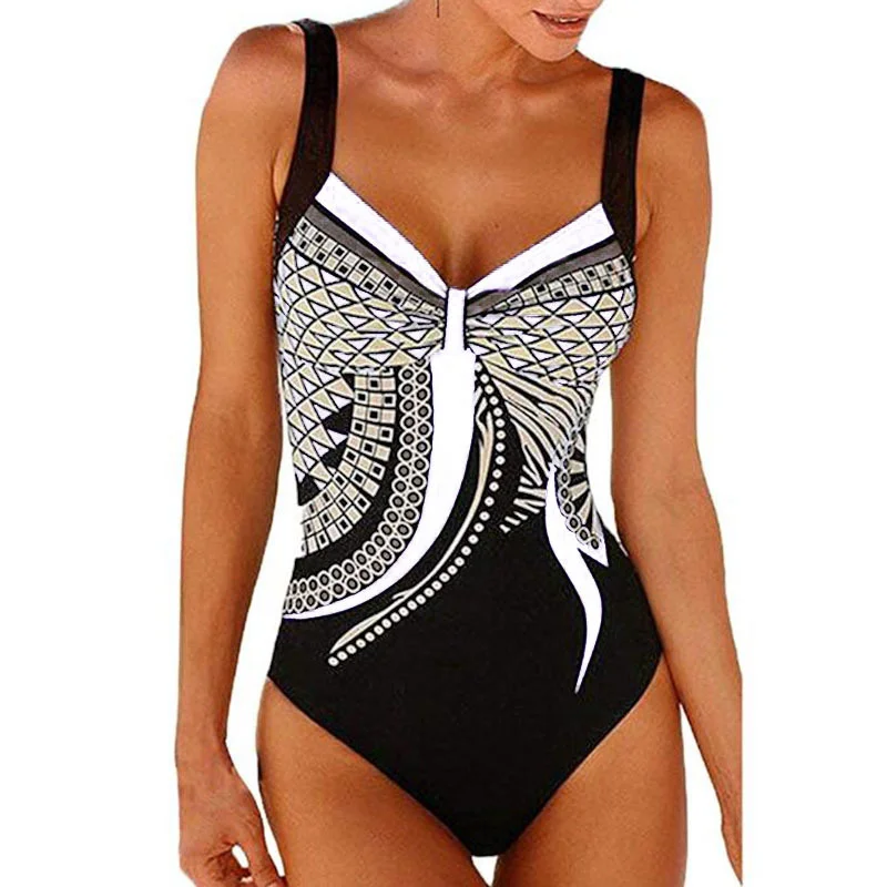 Retro Printed One-piece Backless Swimsuit