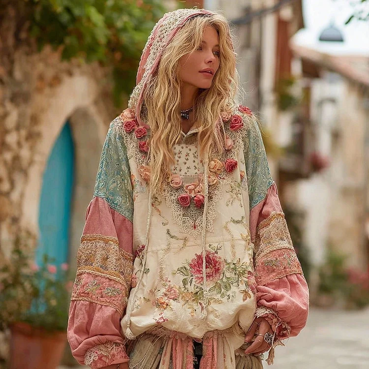 Love & Health Collection Classic Floral Patchwork Art Linen Long Sleeve Hoodie