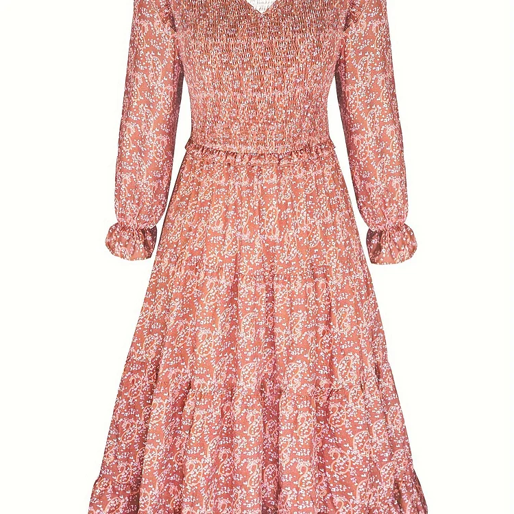 Plus Size Romantic Dress, Women's Plus Ditsy Floral Print Ruffle Trim Flounce Sleeve V Neck Maxi Dress