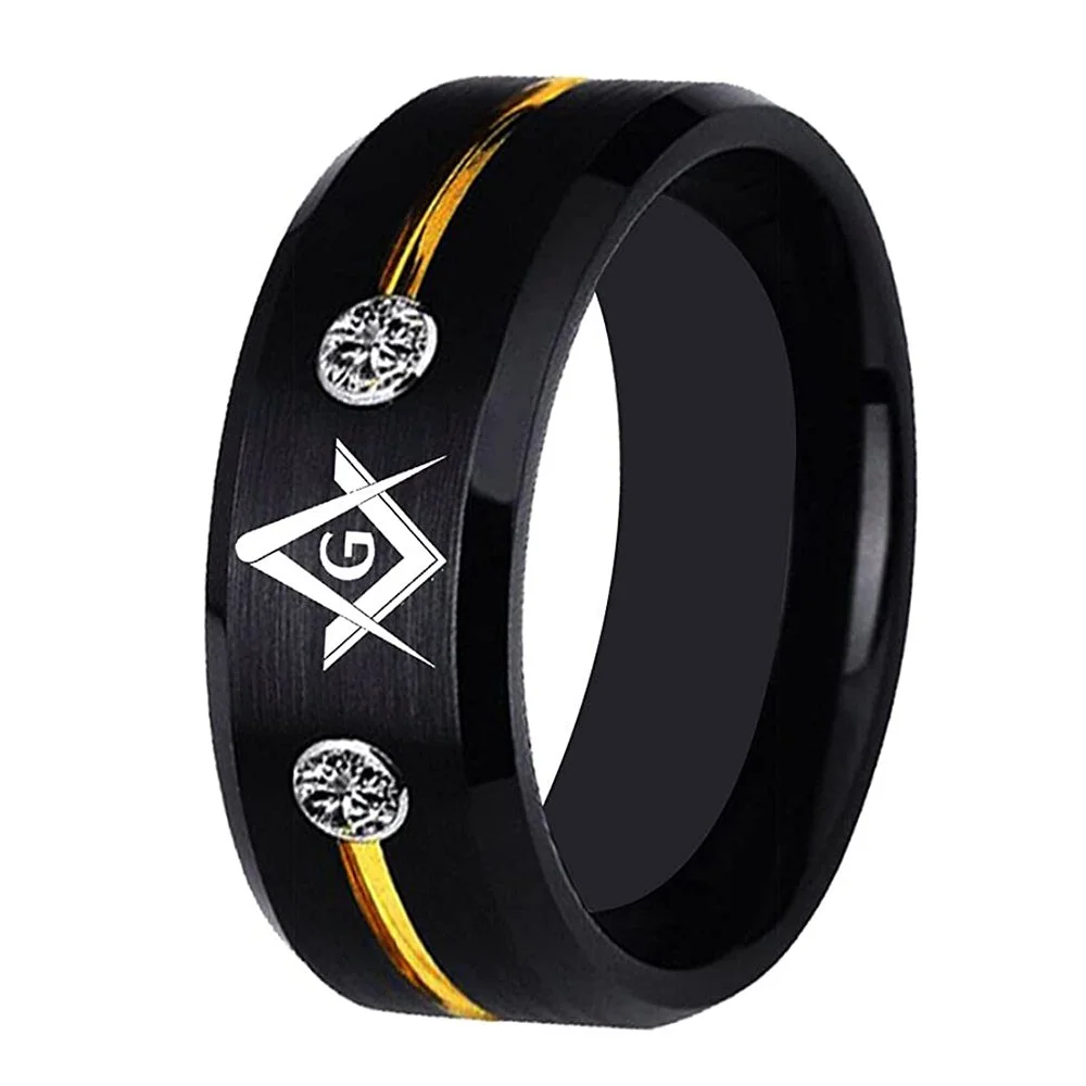 6MM 8MM 10MM Masonic Compass Tungsten Carbide With Gold Red Groove And Blue Cubic Zirconia Inlay Men's Wedding Bands