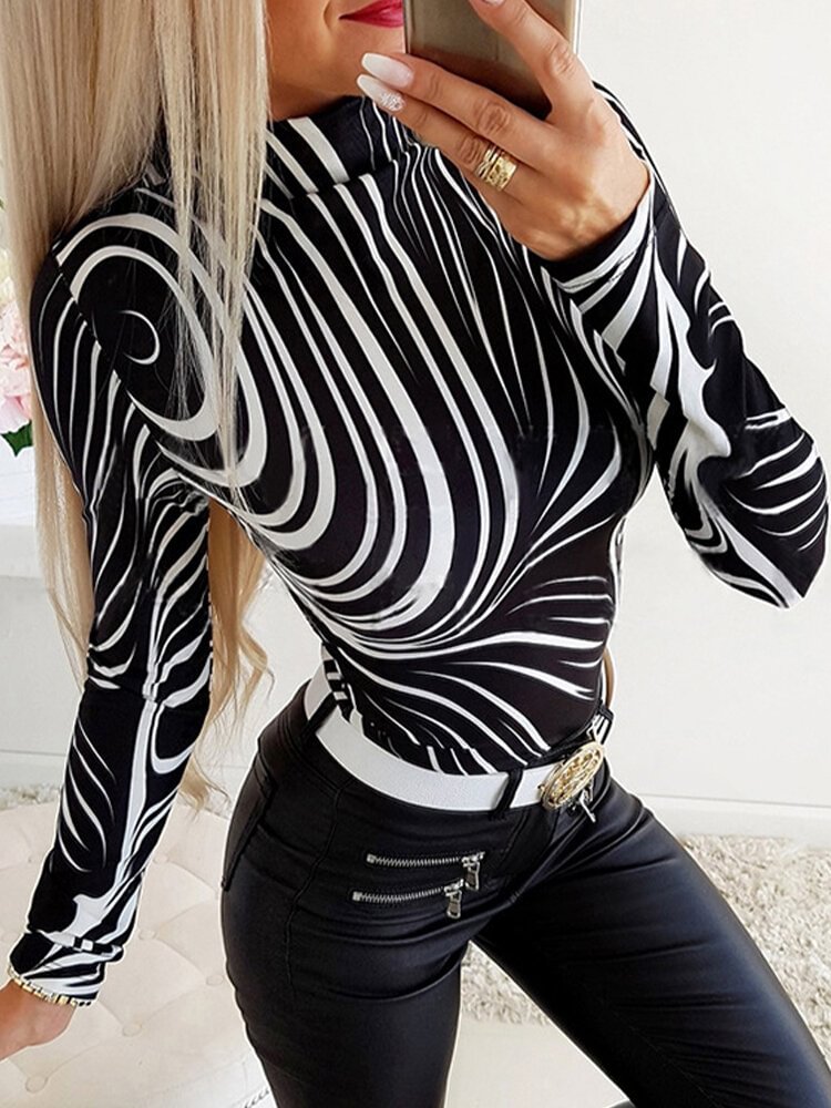 Zebra Print Bodycon Long Sleeves Base Blouse for Women P1782648