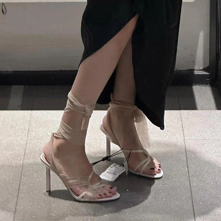 Yyvonne Tulle Cross-Lace High Heel Women 2025 New Round-Headed Toe-With Roman Sandals