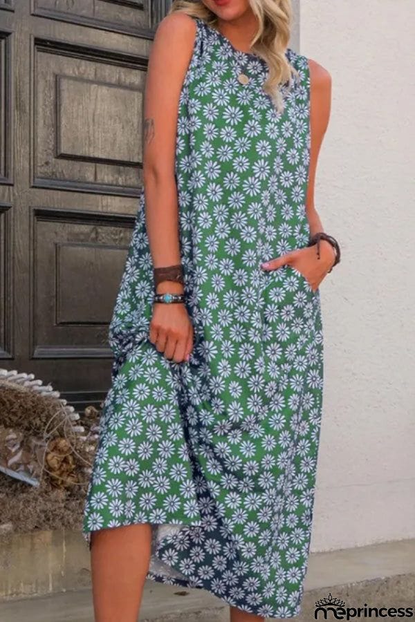 Printed Sleeveless Round Neck Midi Dress
