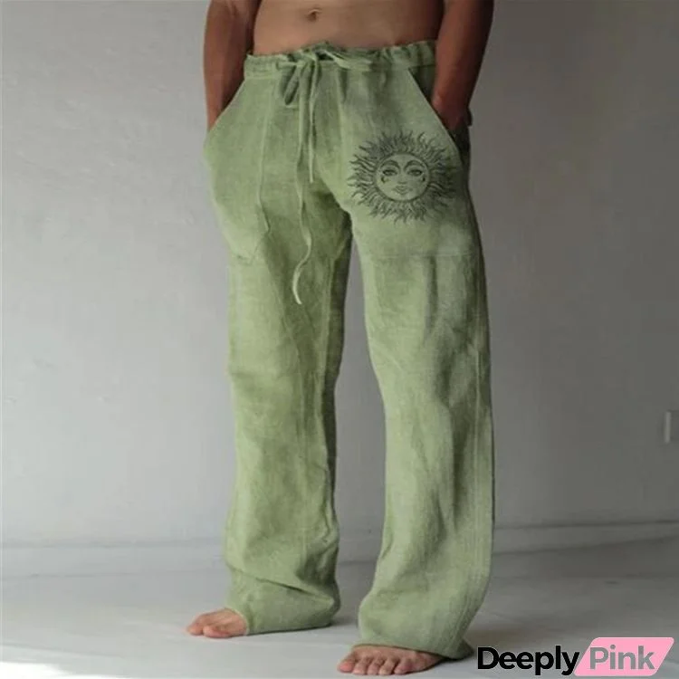 Men Plus Size Casual Mid Waist Drawstring Sun Printed Pants