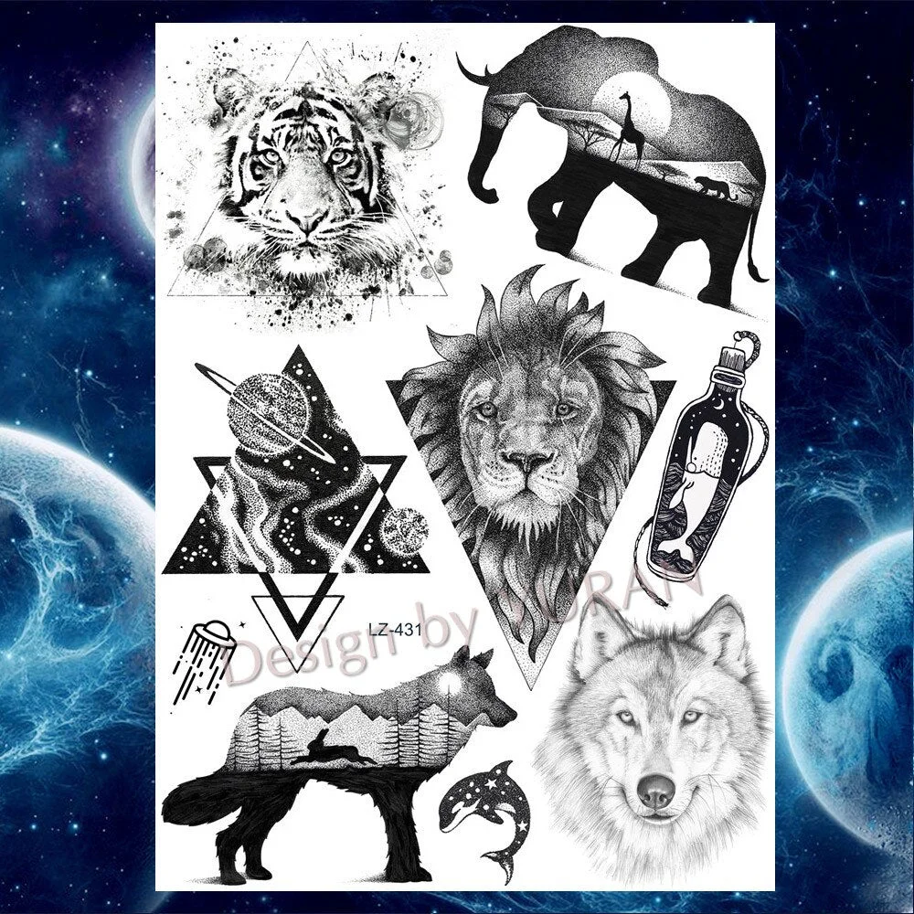 Tribal Forest Animals Black Galaxy Triangle Wolf Animals Temporary Tattoo Stickers Women Men Deer Tatoo Waterproof Arm Tattoos