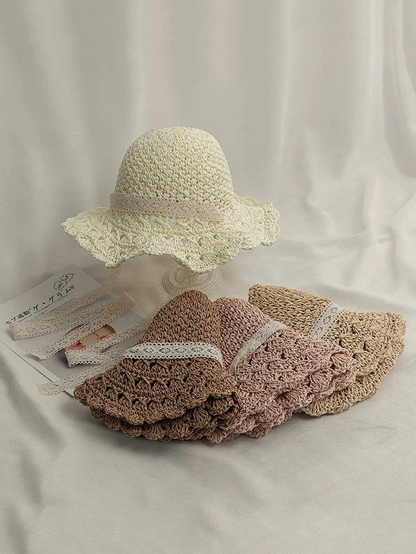 Foldable Sunscreen Solid Color Straw Woven Lace Breathable Hat