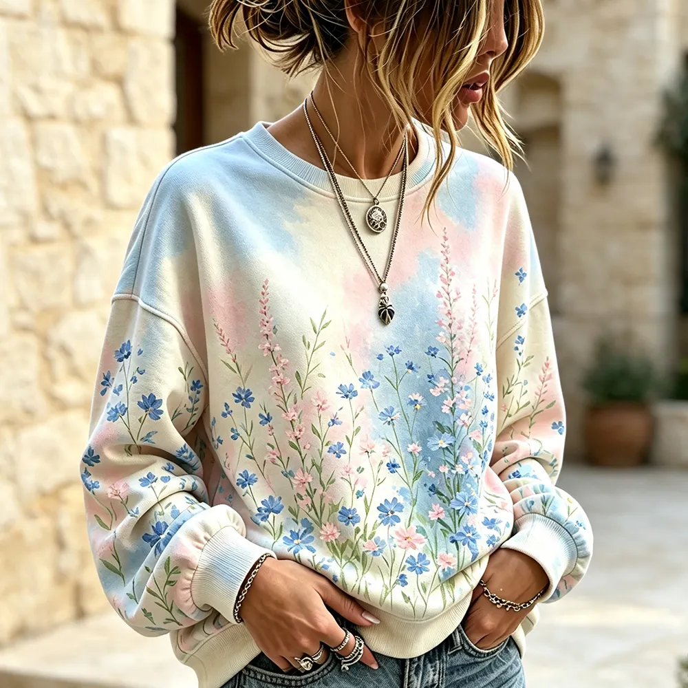 Comstylish Women's Casual Crewneck Sweatshirt - Pastel Pink And Blue Tie-dye With Wildflower Field Print Pullover