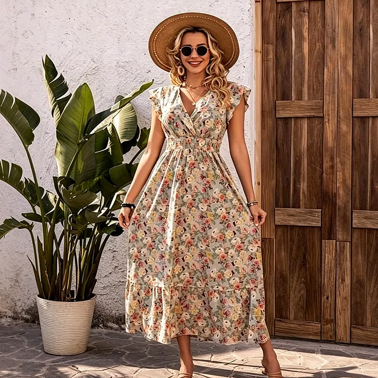Women's Floral V-Neck Smocked Waist Dress
