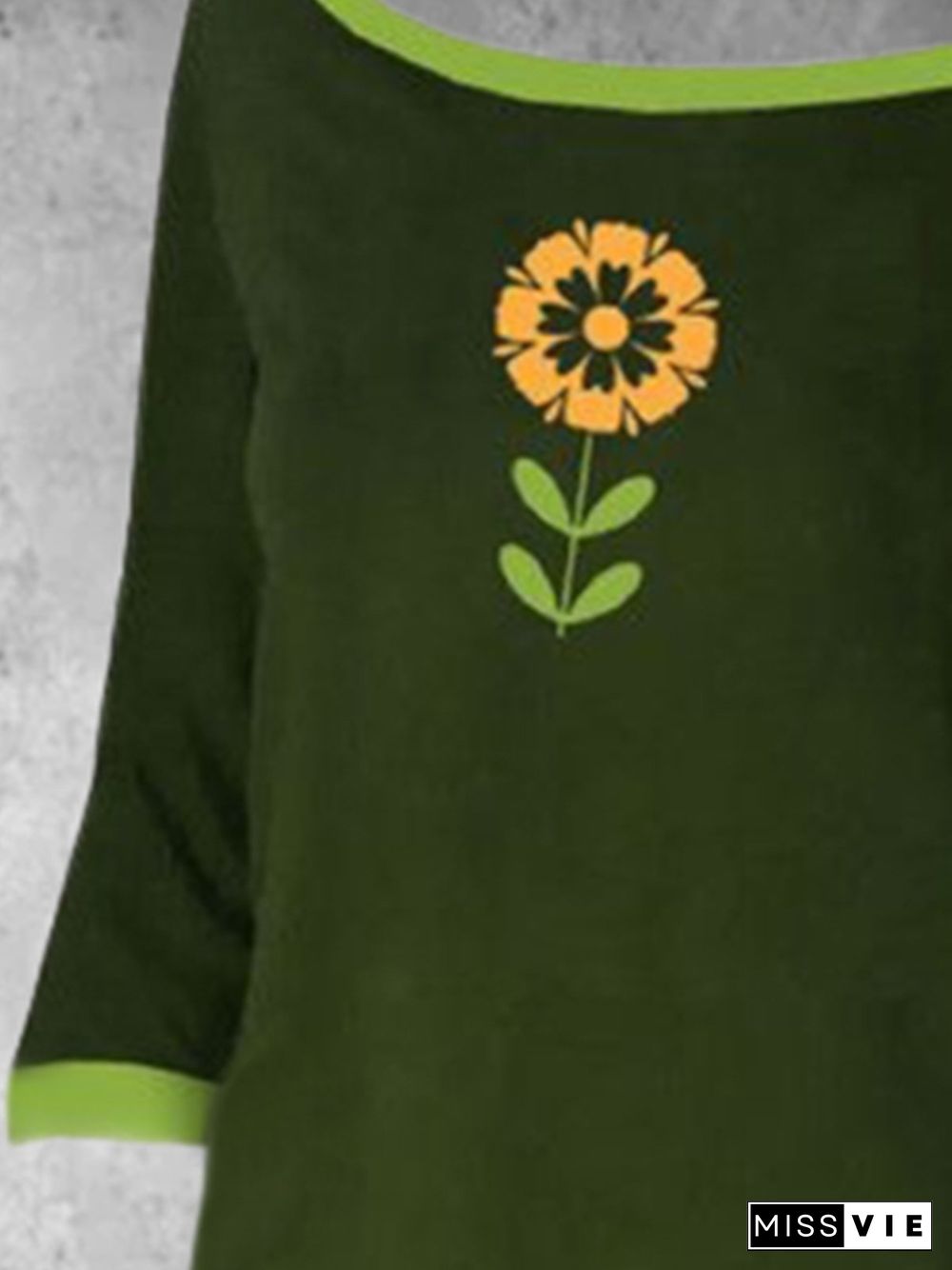 Vintage Floral Printed Color-block Plus Size 3/4 Sleeves Crew Neck Casual Tops