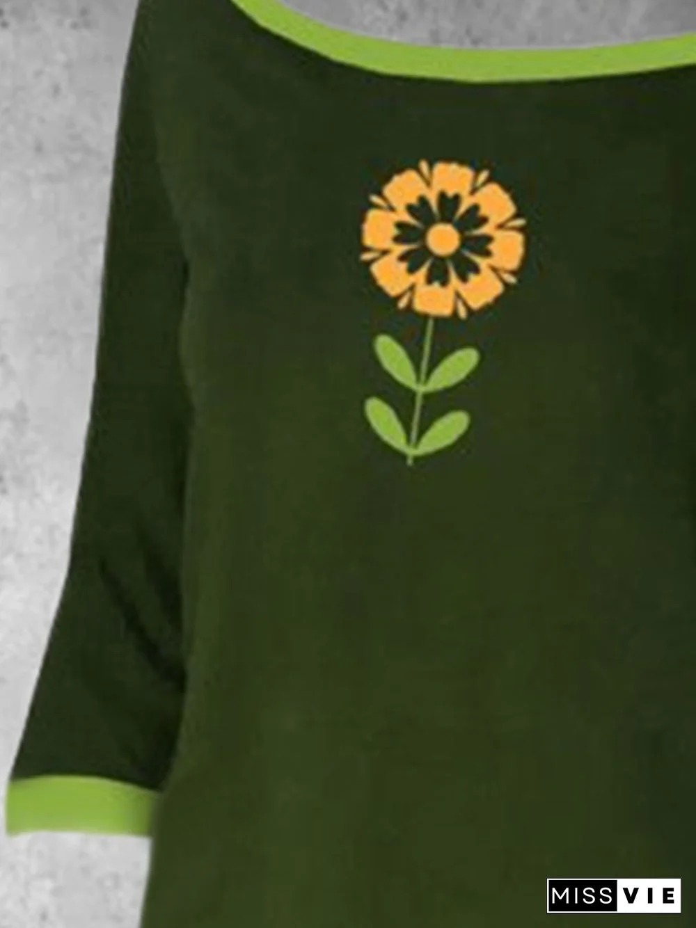 Vintage Floral Printed Color-block Plus Size 3/4 Sleeves Crew Neck Casual Tops