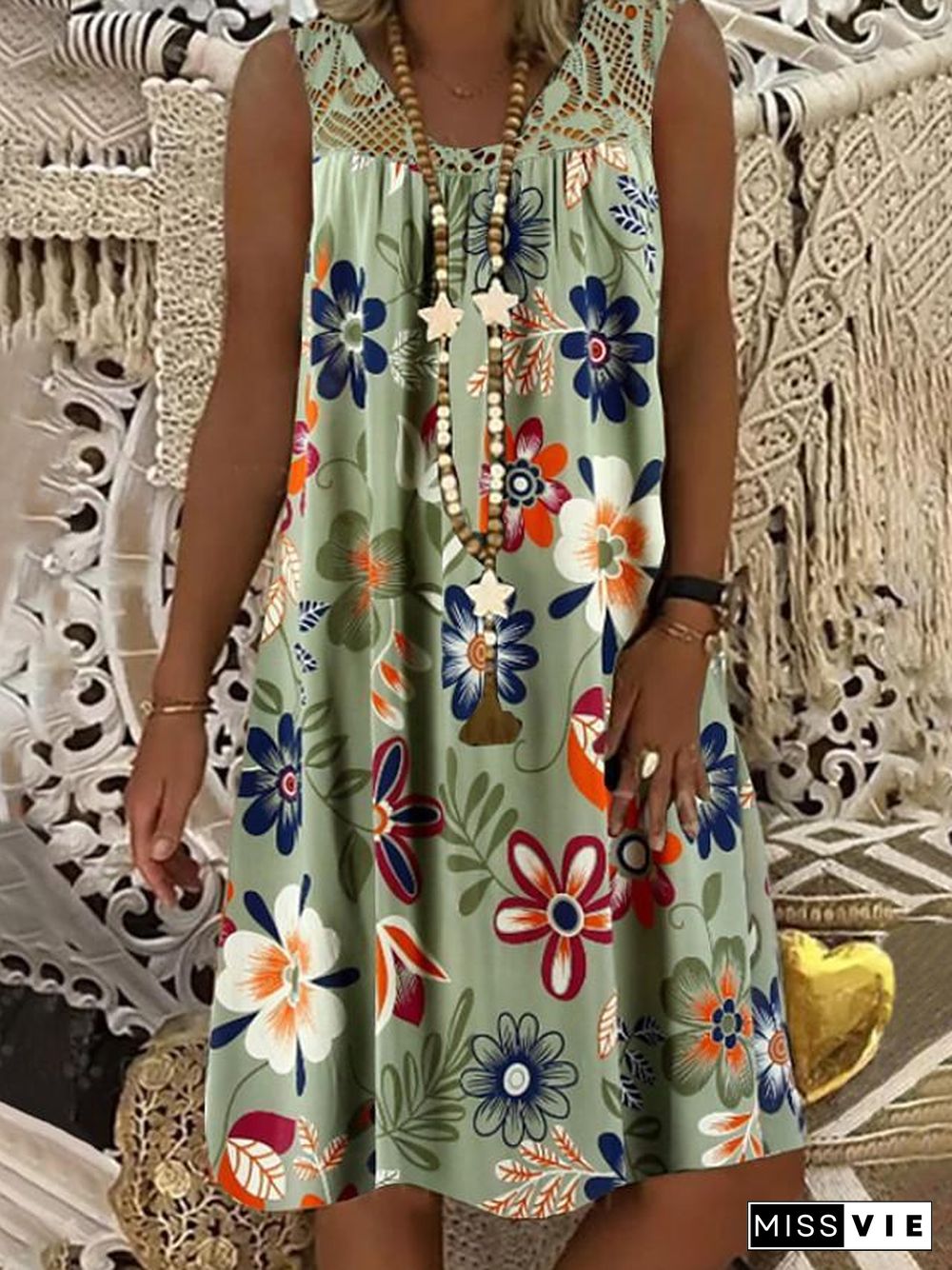 Women's Shift Dress Knee Length Dress - Sleeveless Floral Lace Print Summer Plus Size Mumu Beach Vacation Dress