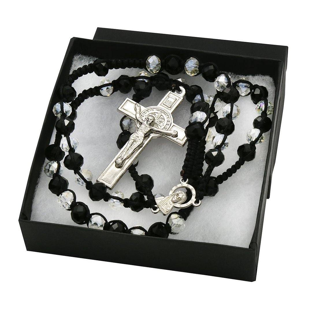 8MM Black/Clear Crystal Fabric Rosary With Cross Pendant-VESSFUL