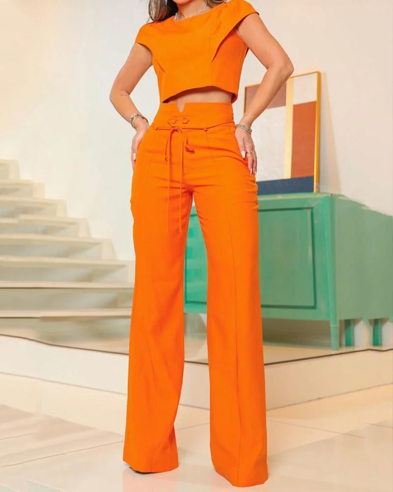 Casual Solid Color Crew Neck Top Straight Pants Two Piece Set