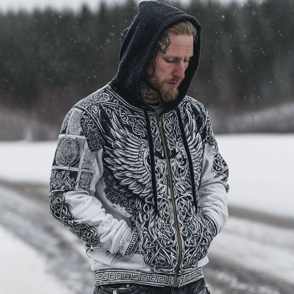 Men's Viking Tribal Jacquard Celtic With Wings Inspired Art Hoodie elevenforest
