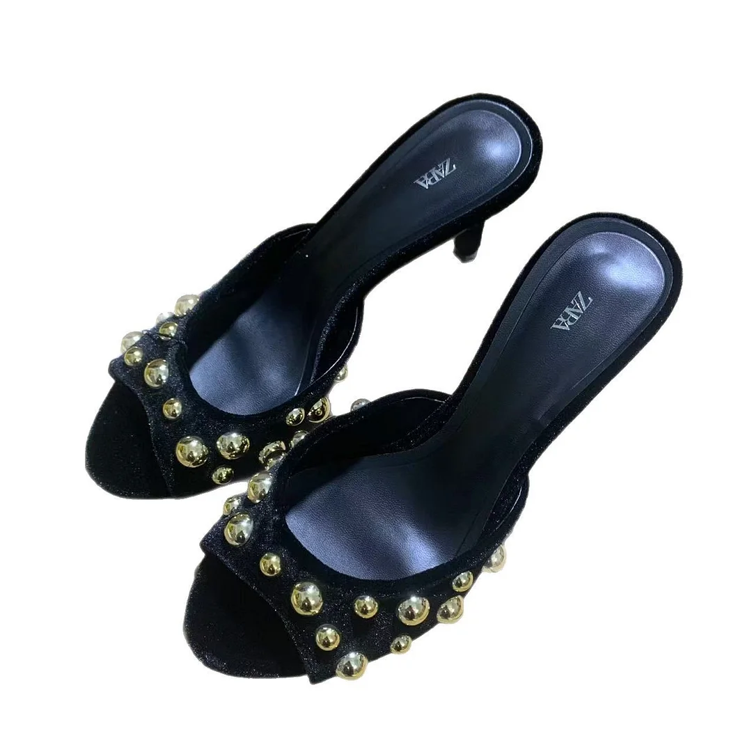 Breakj Breakj Spring New Rivet Slippers Black Women Wear Round-Headed High-Heeled Shoes