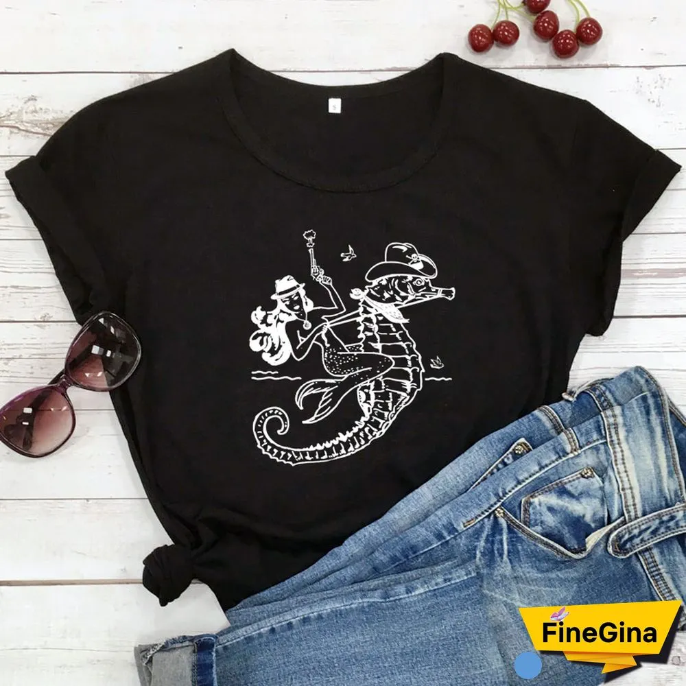 The Cowgirl Mermaid 100% Cotton T-shirt Aesthetic Sea-haw Rodeo Western Tshirt Funny Women Hipster Graphic Tee Shirt Top