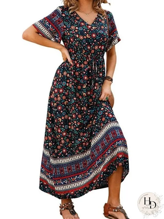Casual Dress Swing Dress Floral Dress Long Dress Maxi Dress Black Blue Royal Blue Short Sleeve Floral Print Spring Summer V Neck Loose Fit S M L XL XXL 3XL for Women
