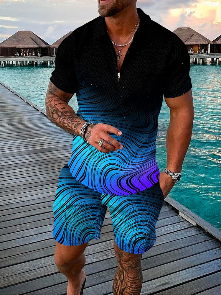 Men's Textured Blue Contrast Color Wave Print Polo Suit