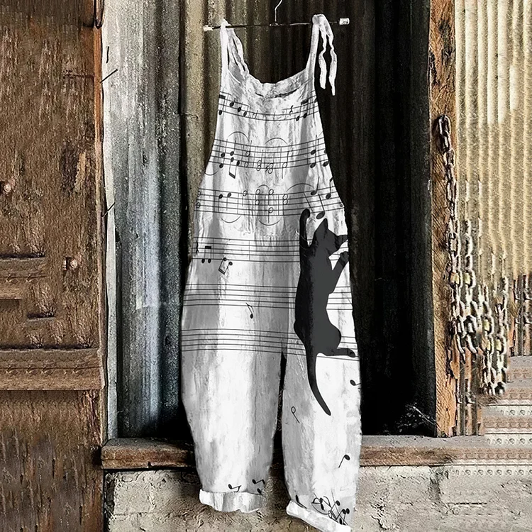 Musical Note And Black Cat Print Loose Jumpsuit