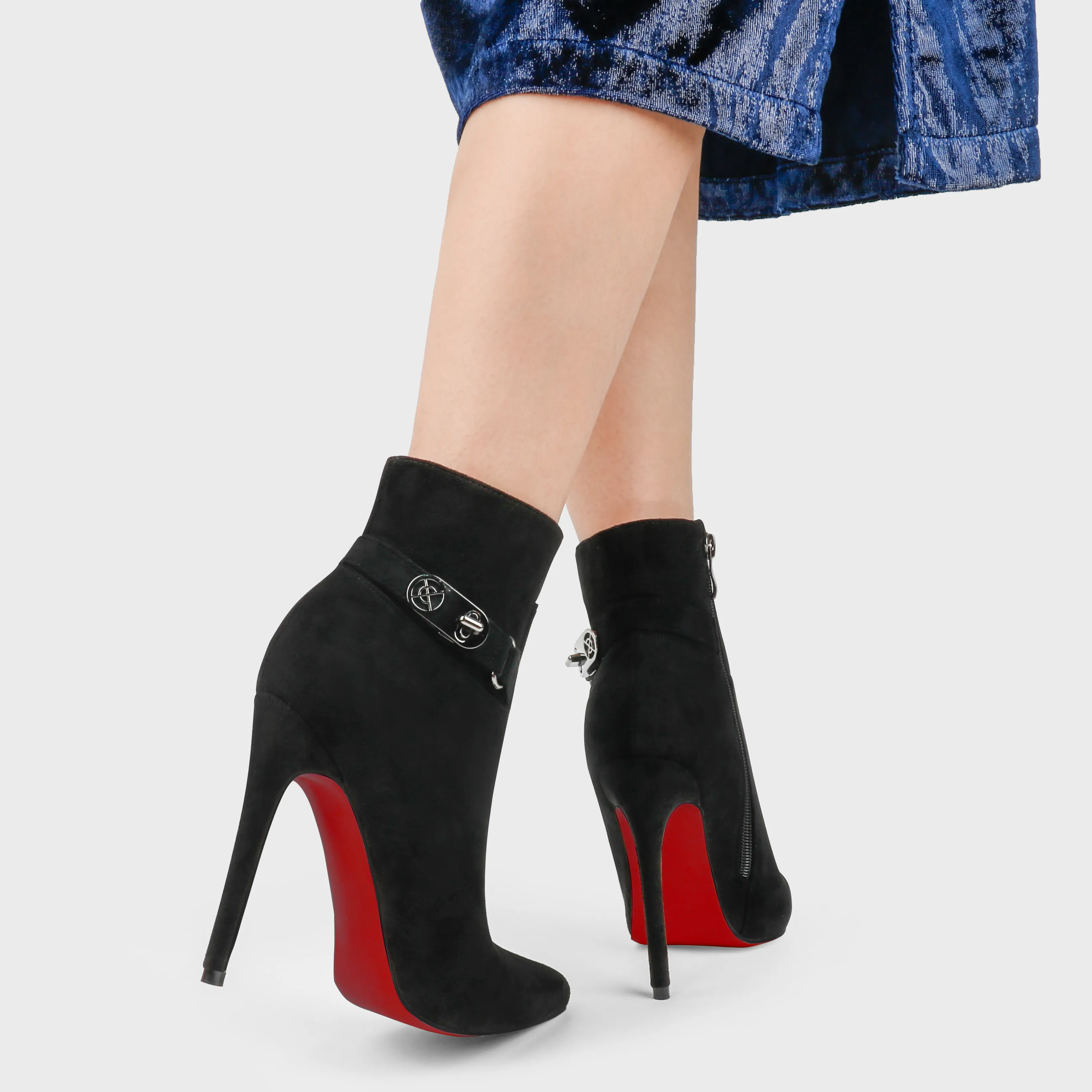 Women's Pointed Toe Suede Stiletto Ankle Boots Side Zipper Booties With Metal Buckle-vocosishoes