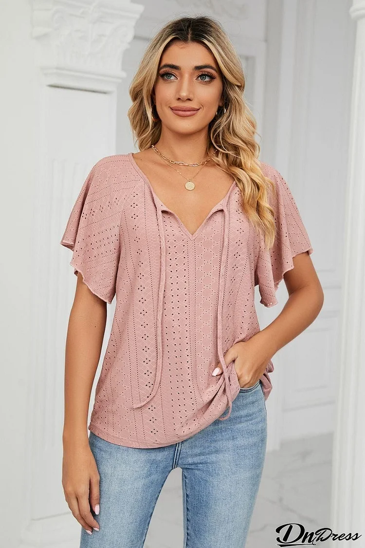 Eyelet Tie-Neck Flutter Sleeve Top