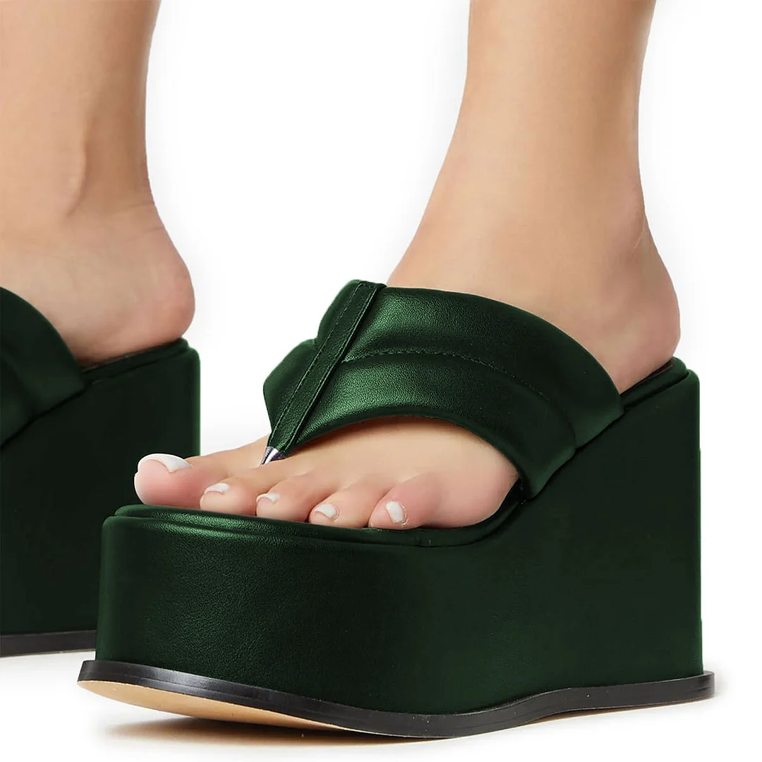 Dark Green Vegan Leather Round Toe Platform Mules with Wedge Heel