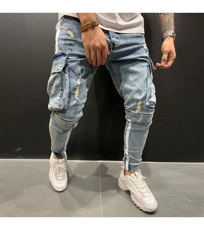 Trendy Side Pocket Knee Ripped Design Men Jeans S-3XL