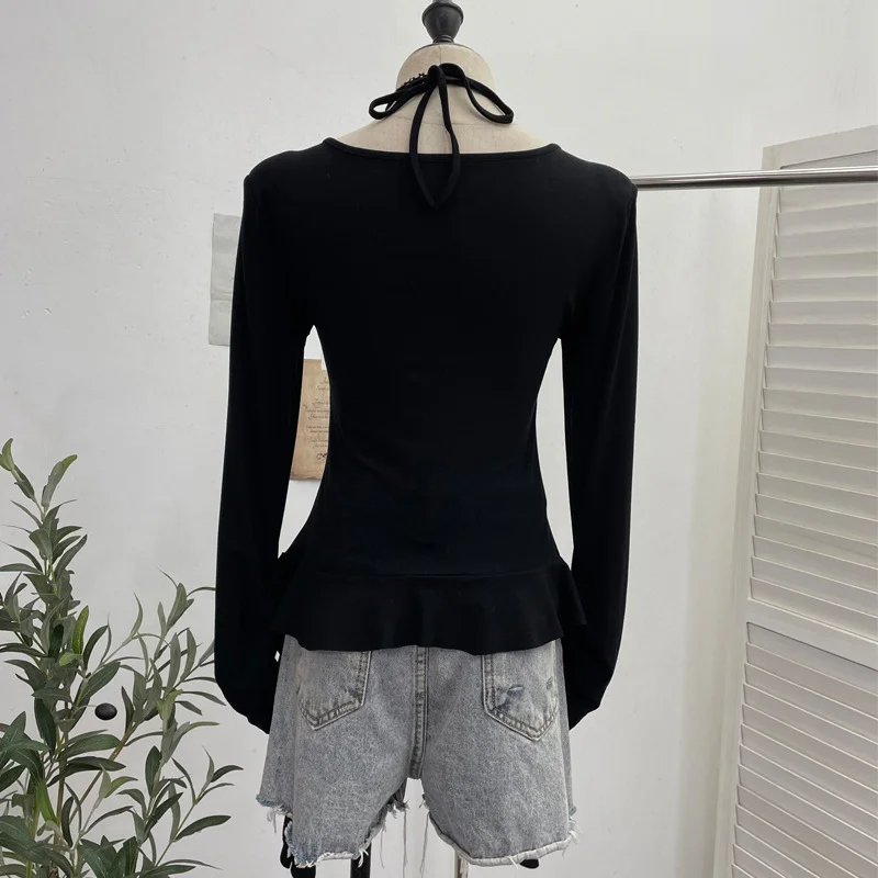 Nigikala Nigikala Tidal Irregular Hanging Neck Tie With Hollow Spliced Niche Pads On The Shoulder With Long-Sleeved T-Shirt 2695