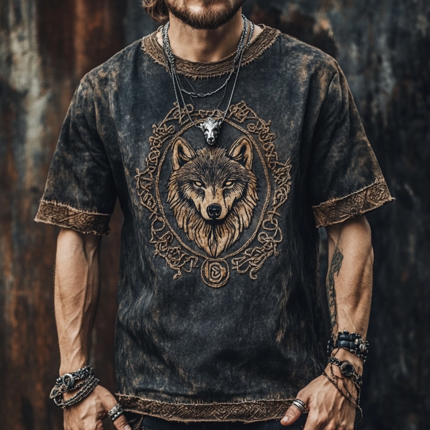 Men's Vintage Viking Wolf Pattern Round Neck Linen Blend T-shirt