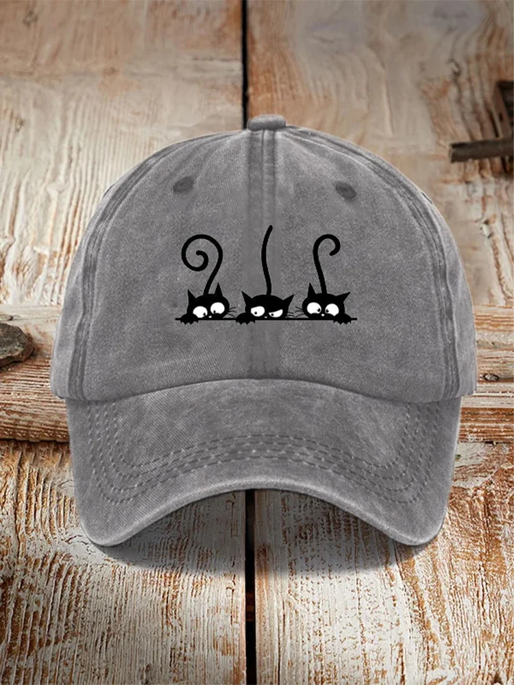 Japanese Art Black Cat Print Washed Hat