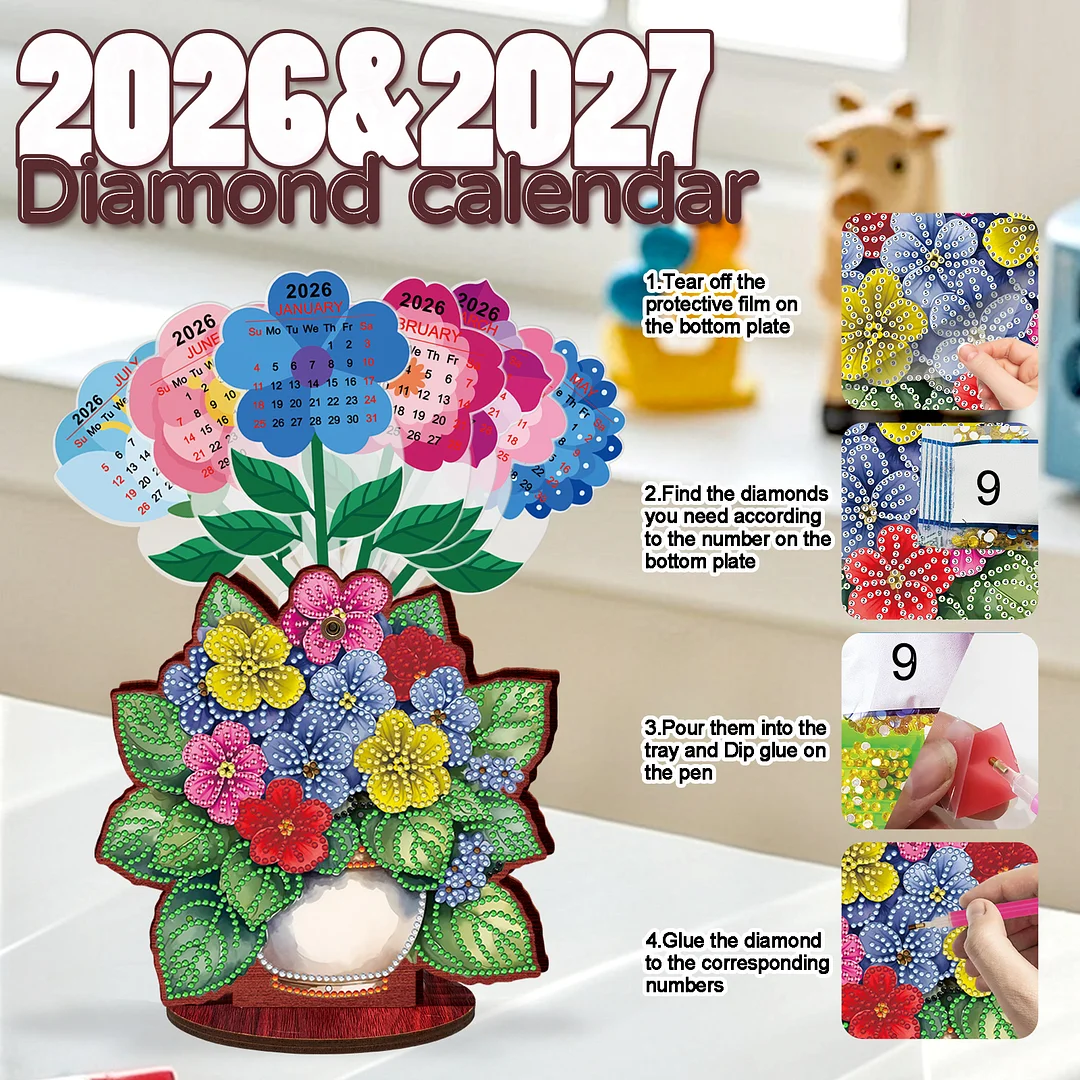 2026 Calendar DIY Diamond Art Kit Flower Pot Wooden Diamond Painting Calendar