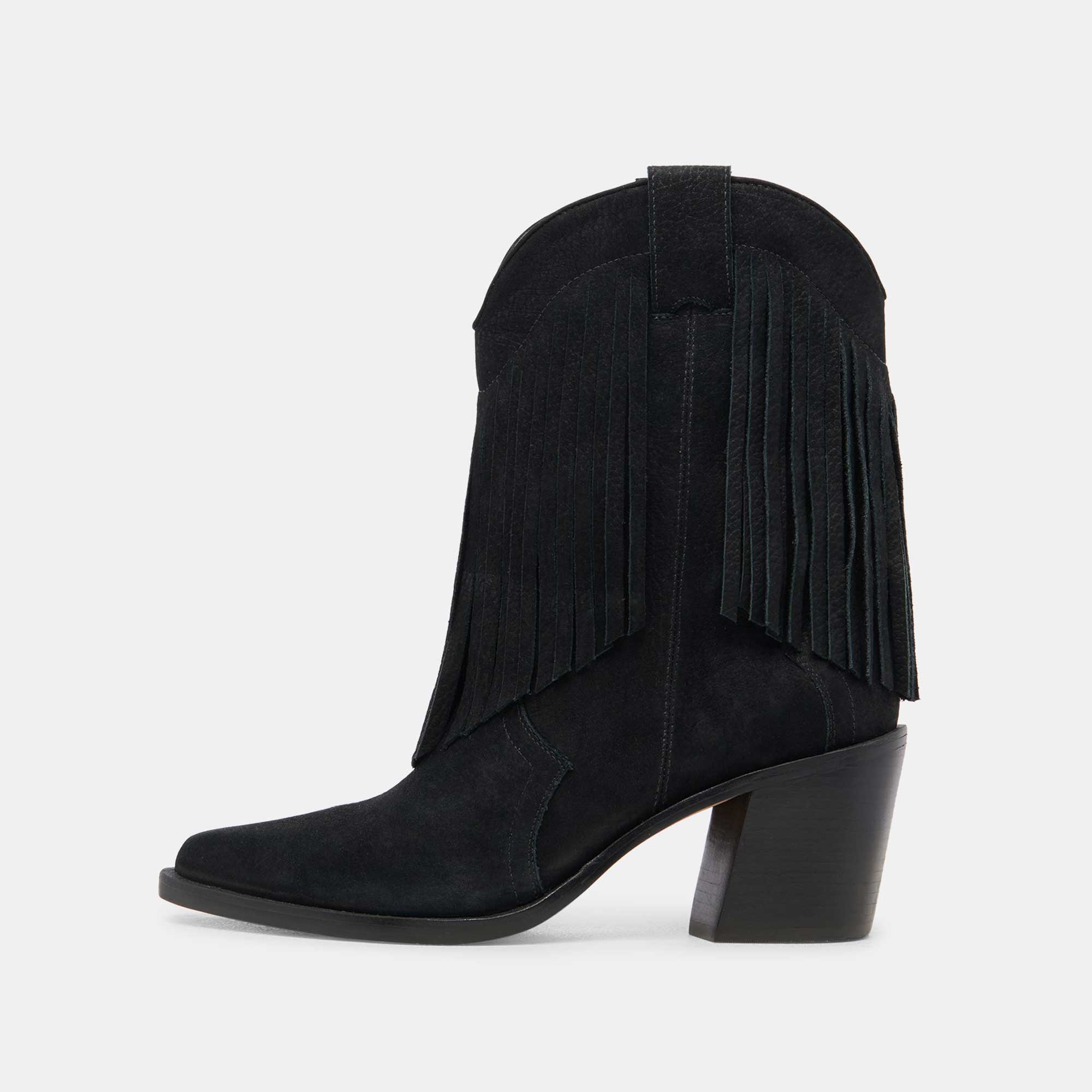 Faux Suede Pointed Toe Embroidered Black Fringe Western Boots  Nicepairs