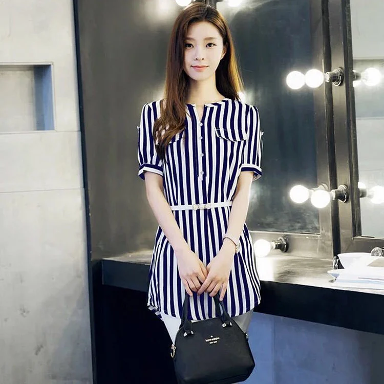 Dubeyi Commuter Slim Chiffon Striped Blouses Small V-Neck Button Patchwork Casual Short Sleeve Shirt Women's Summer Clothes 4XL
