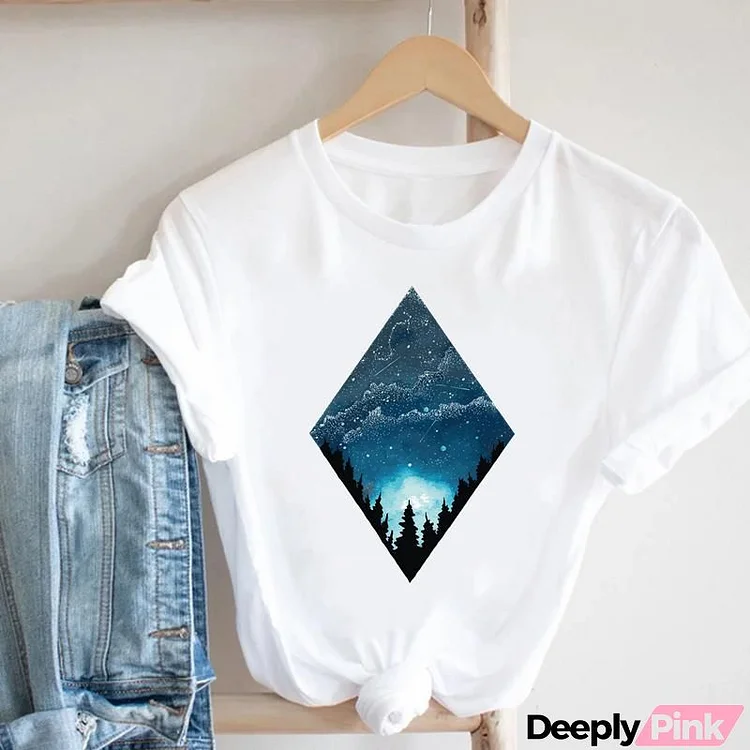 Women Fashion Casual Geometric Rhombus Leaf Scenery Printing Round Neck Short Sleeve T-Shirt