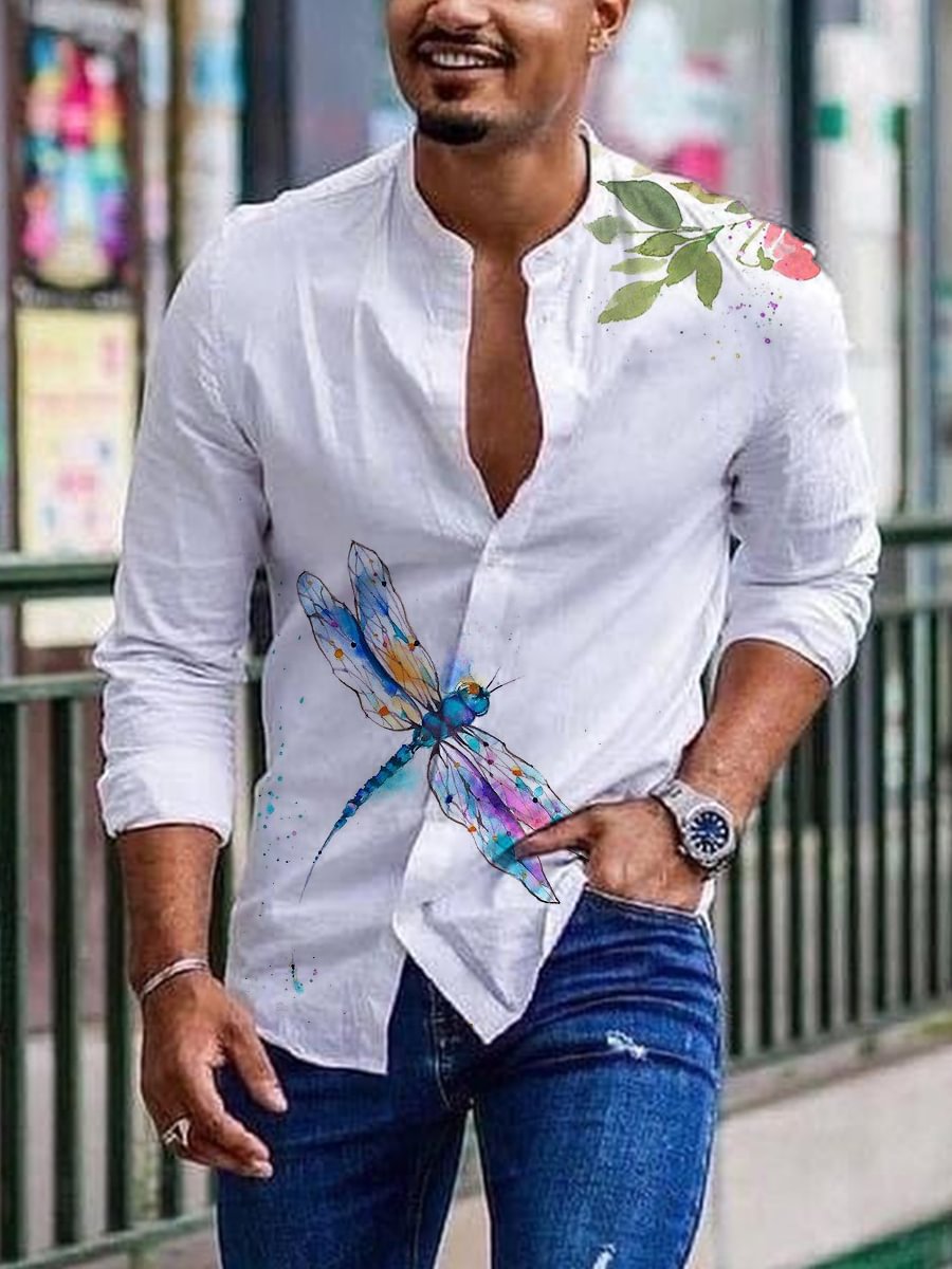 Pre-sale Men's casual shirt dragonfly print shirt