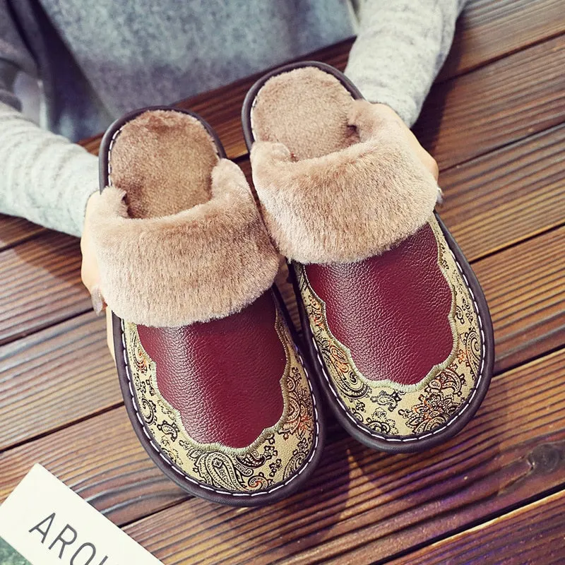 Waterproof Home Slippers Women Men Winter Warm Flat House Shoes Man Soft Comfort Female Shoes Leather Indoor Slippers