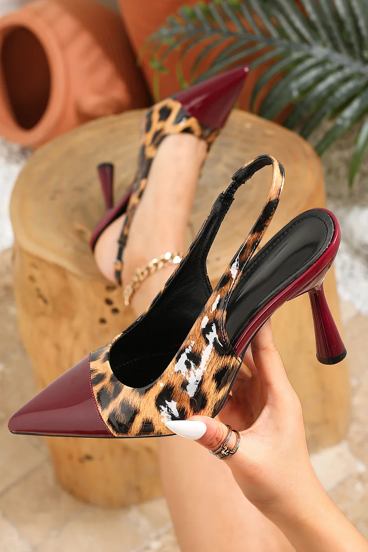 Leopard Print Patchwork Pointed Toe Slingback Stiletto Heels
