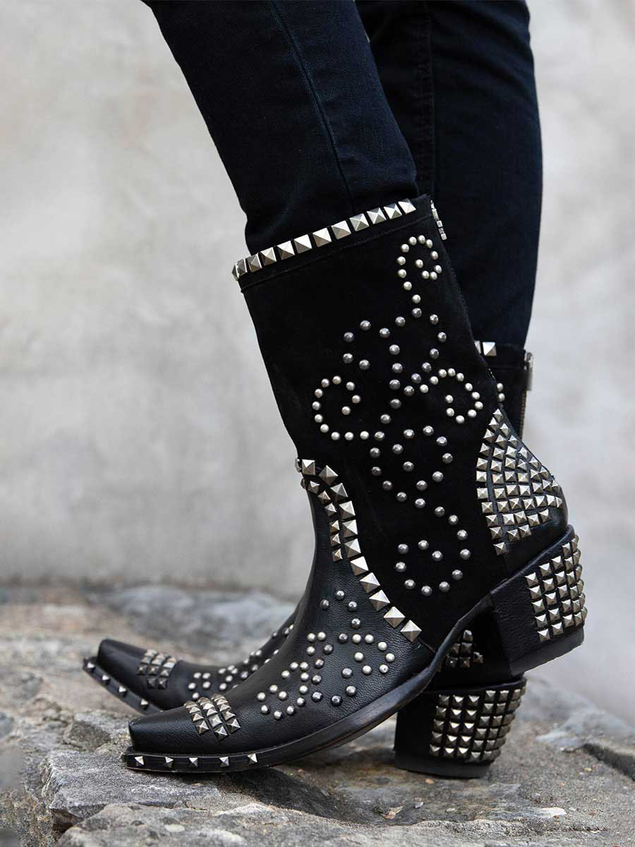 Black Snip Toe Patchwork Studded Block Heel Western Boots for Women