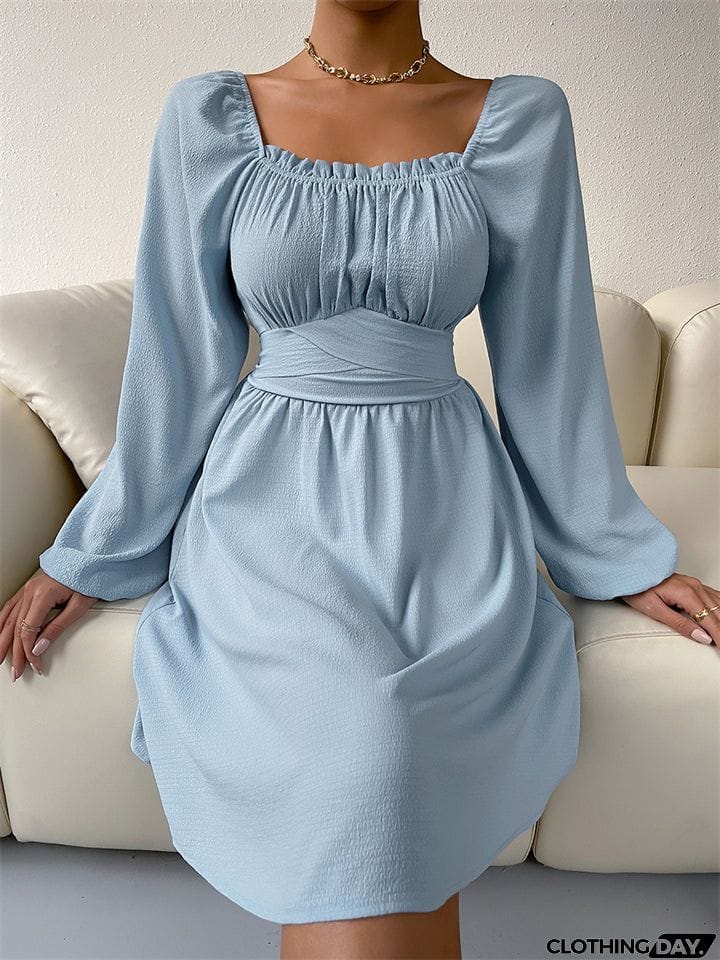 Temperament Trendy Lady Square Neck Long Sleeve High-waisted A-line Dress