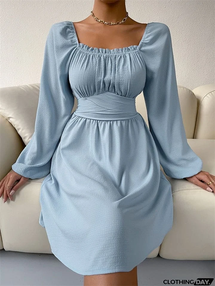 Temperament Trendy Lady Square Neck Long Sleeve High-waisted A-line Dress