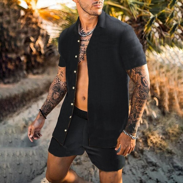 BrosWear Men Casual Solid Color Shirt Beach Shorts Set black