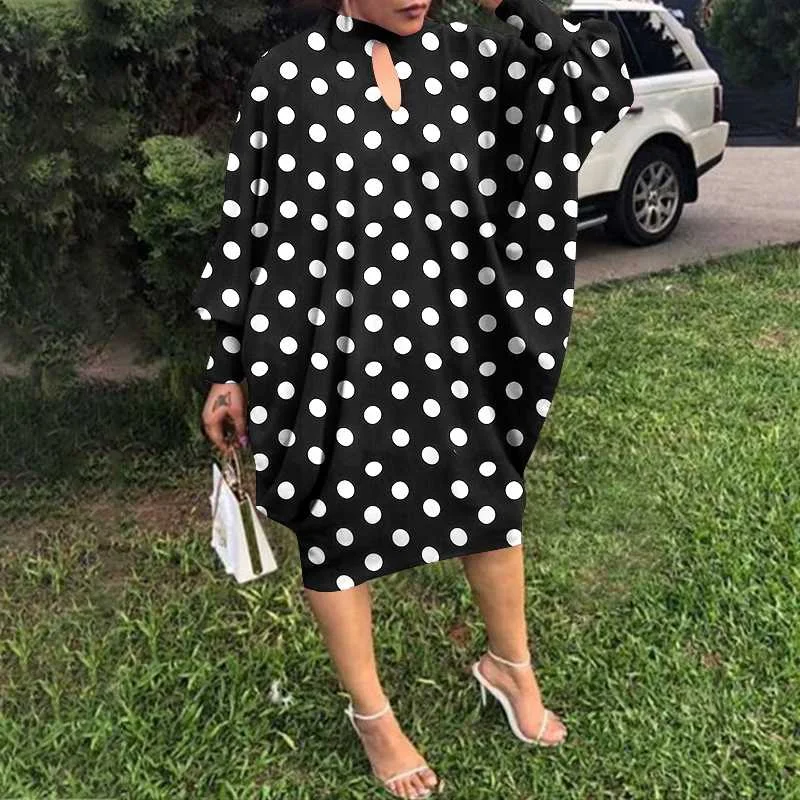 Spring Sundress Women Vintage Hollow Polka Dot Printed Long Sleeve Dress VONDA 2022 Elegant Midi Vestido Elegant Robe Oversized