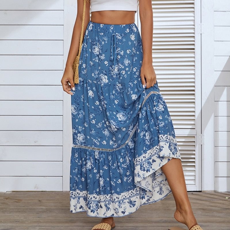 Boho Beach Skirts Women High Waist Lace Ruffles Long Skirt Big Hem Floral Printing Casual Holiday Clothing Female