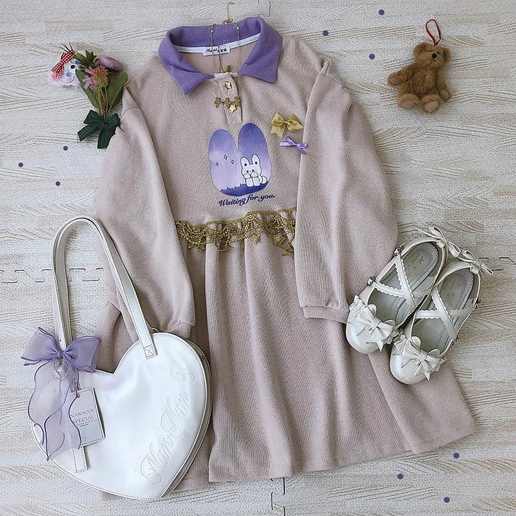 Star Lace Button Bunny Print Dress