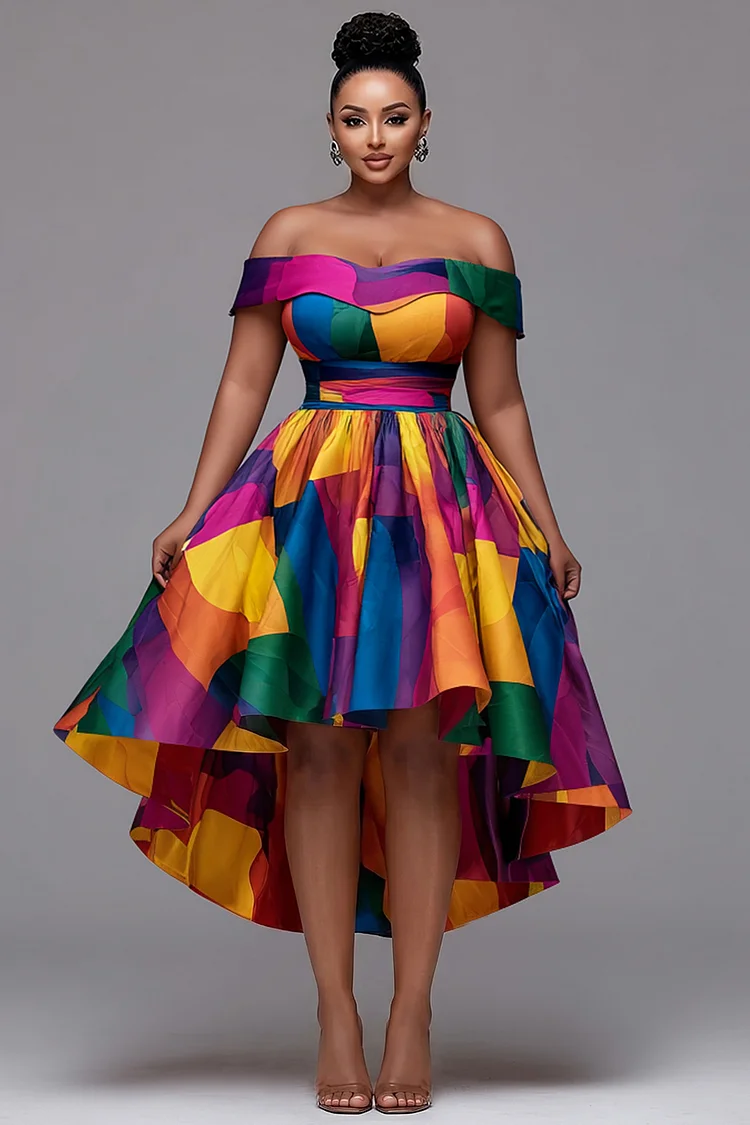 Xpluswear Design Plus Size Party Elegant Rainbow Colorblock Off The Shoulder High Low Hem Pocket Satin Midi Dresses [Pre-Order] 2024 - Xpluswear
