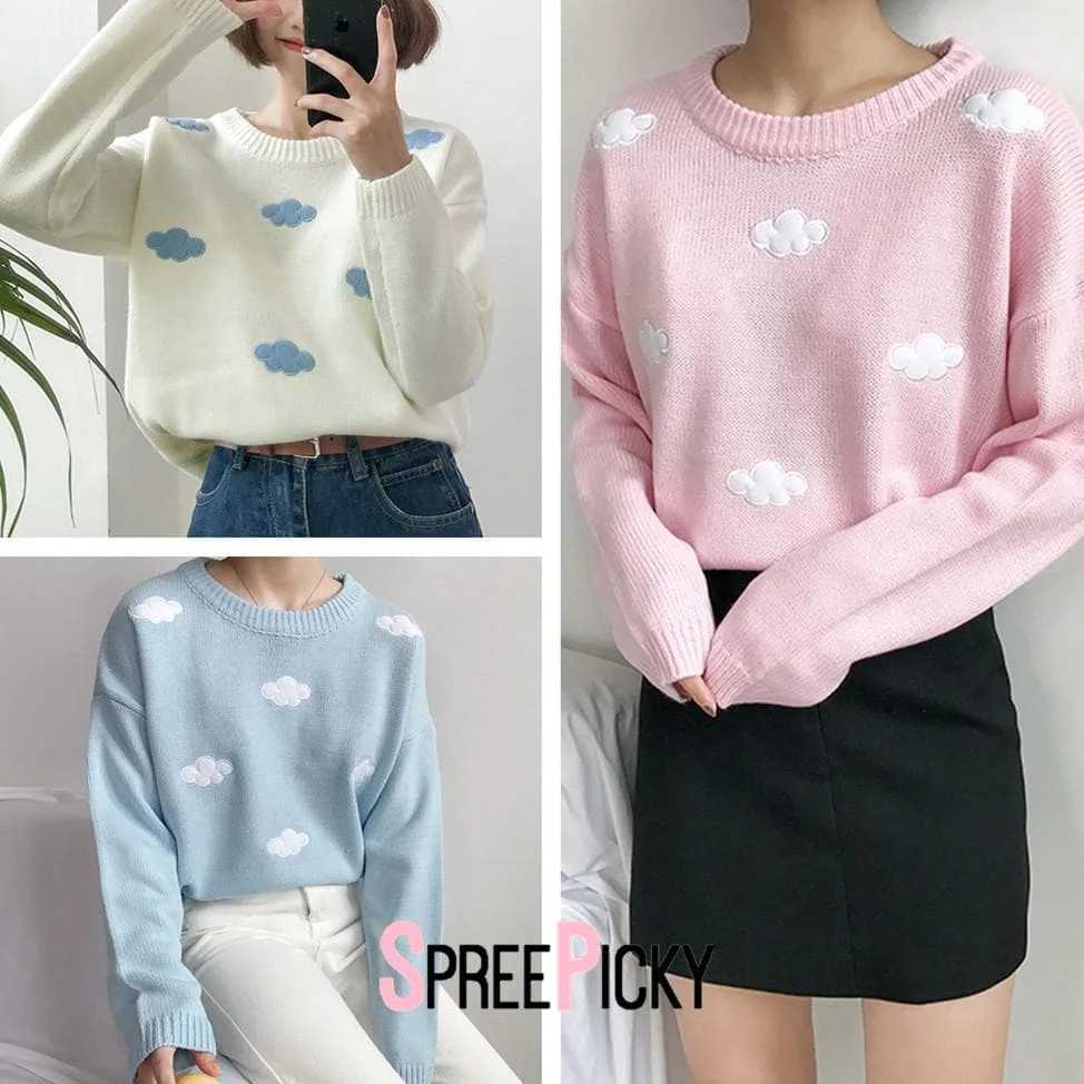 White/Pink/Blue Kawaii Clouds Printing Loose Sweater SP14234