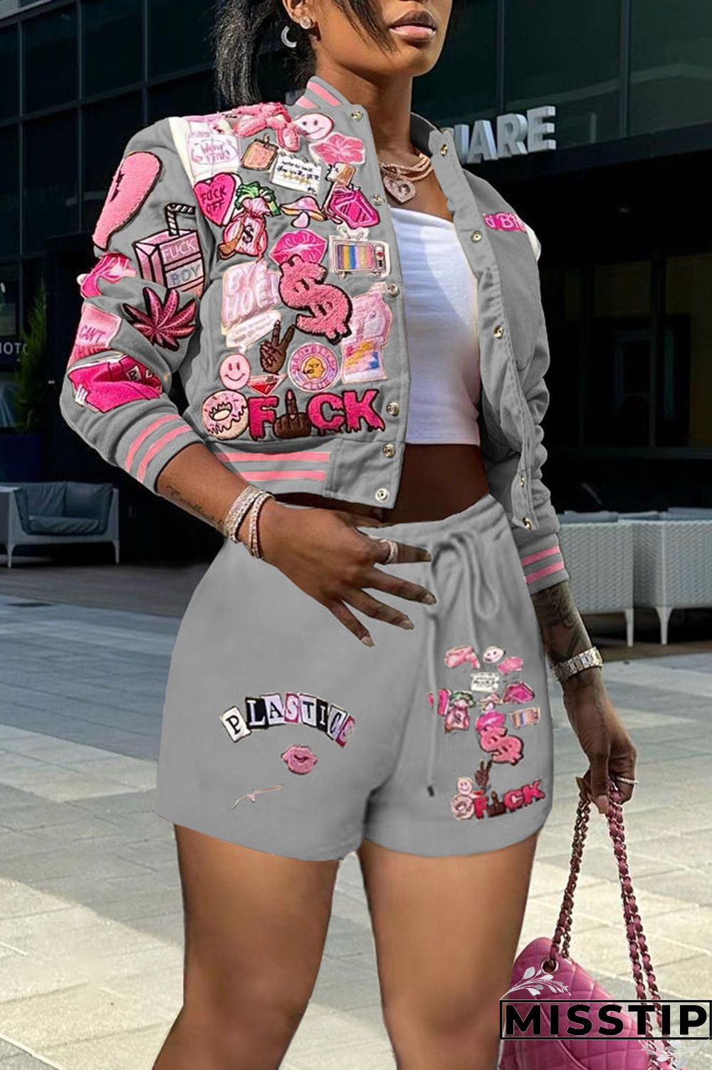 Cream White Casual Print Patchwork Buckle Long Sleeve Two Pieces