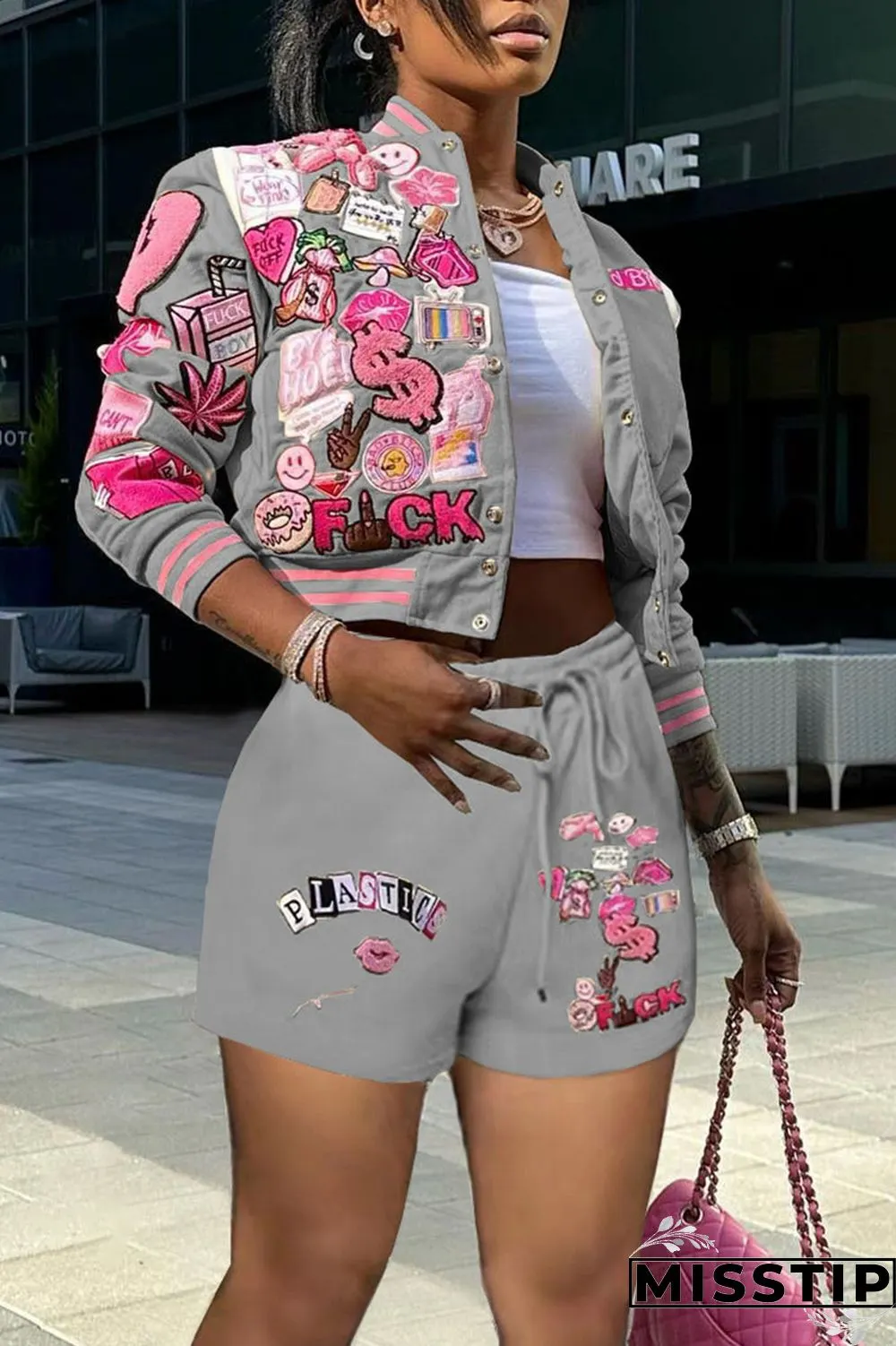 Cream White Casual Print Patchwork Buckle Long Sleeve Two Pieces
